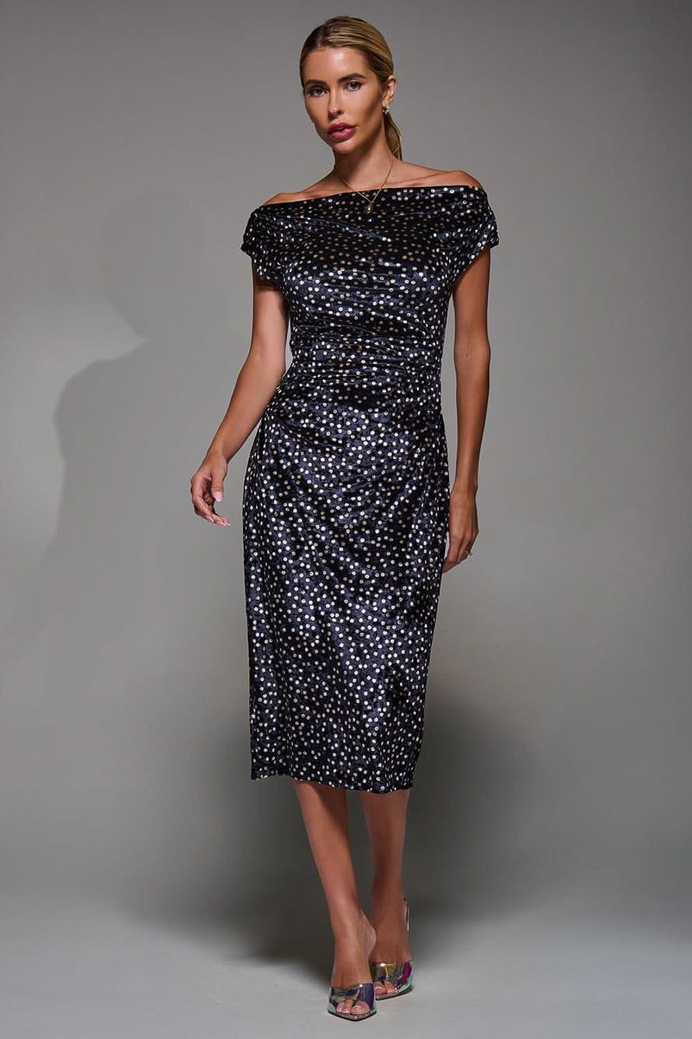 Jolie Moi Jolie Moi Women's Velvet Print Ruched Bodycon Dress in Black - 4