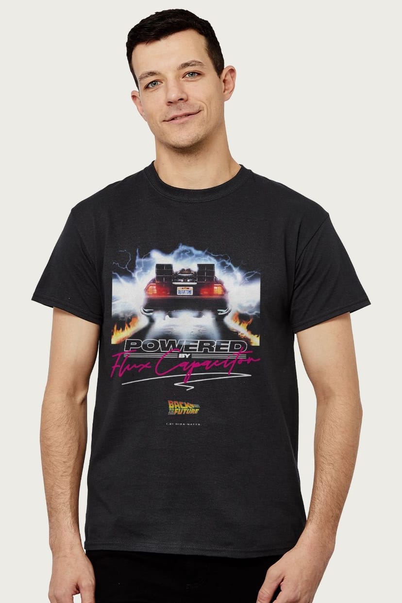 Back To The Future Back To The Future Men's Delorean Powered By Flux Capacitor T-Shirt in Black - 1