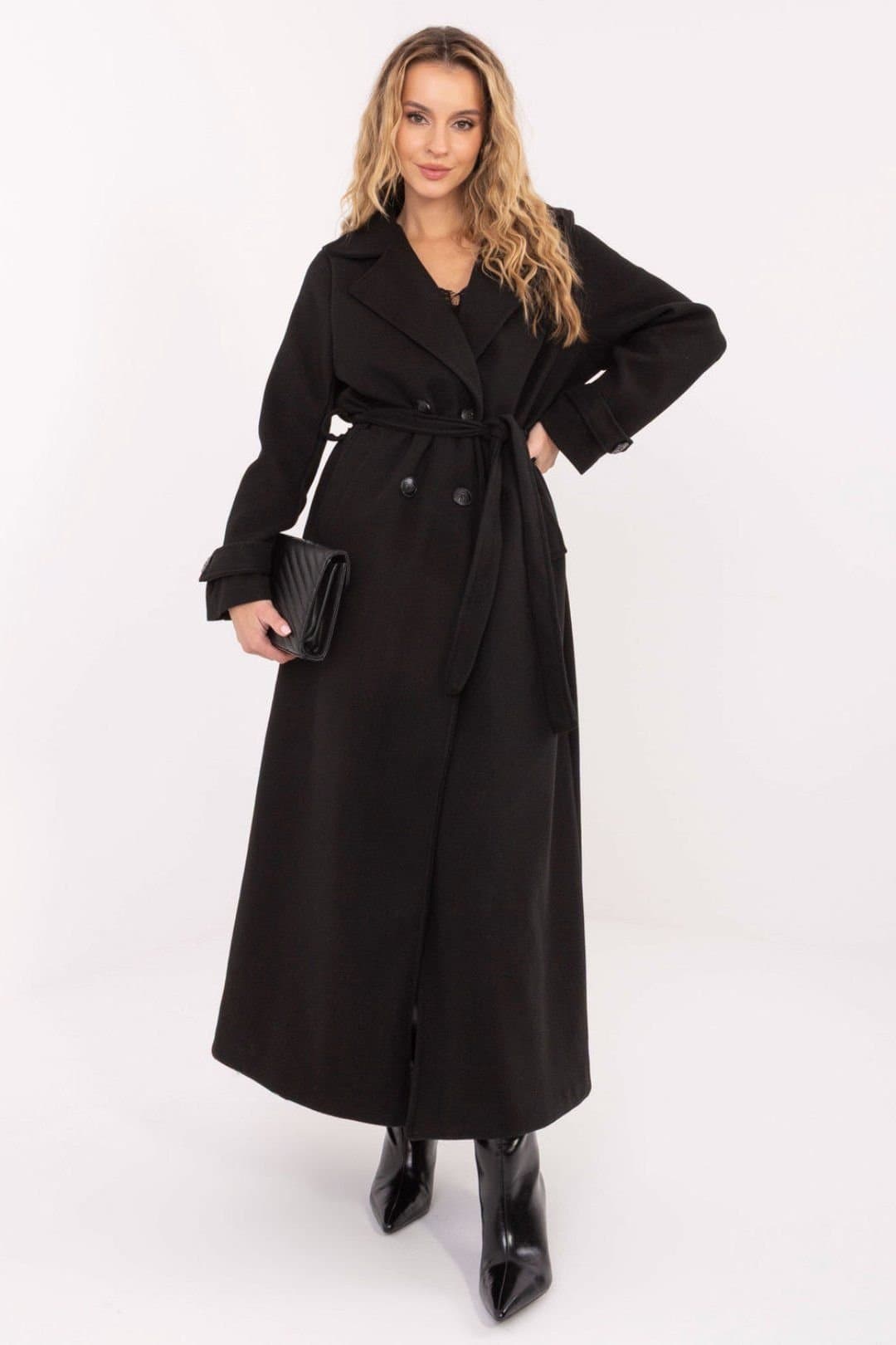 Love Lace Love Lace Women's Long Double Breasted Belted Lapel Coat in Black