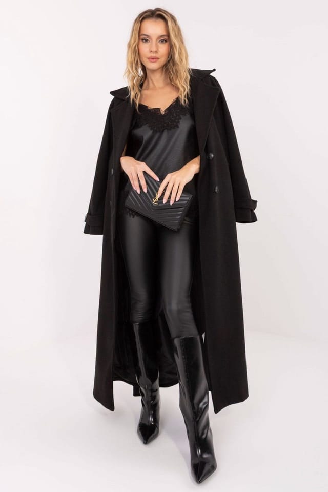 Love Lace Love Lace Women's Long Double Breasted Belted Lapel Coat in Black - 2