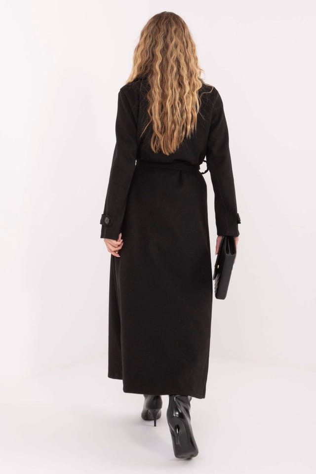 Love Lace Love Lace Women's Long Double Breasted Belted Lapel Coat in Black - 3