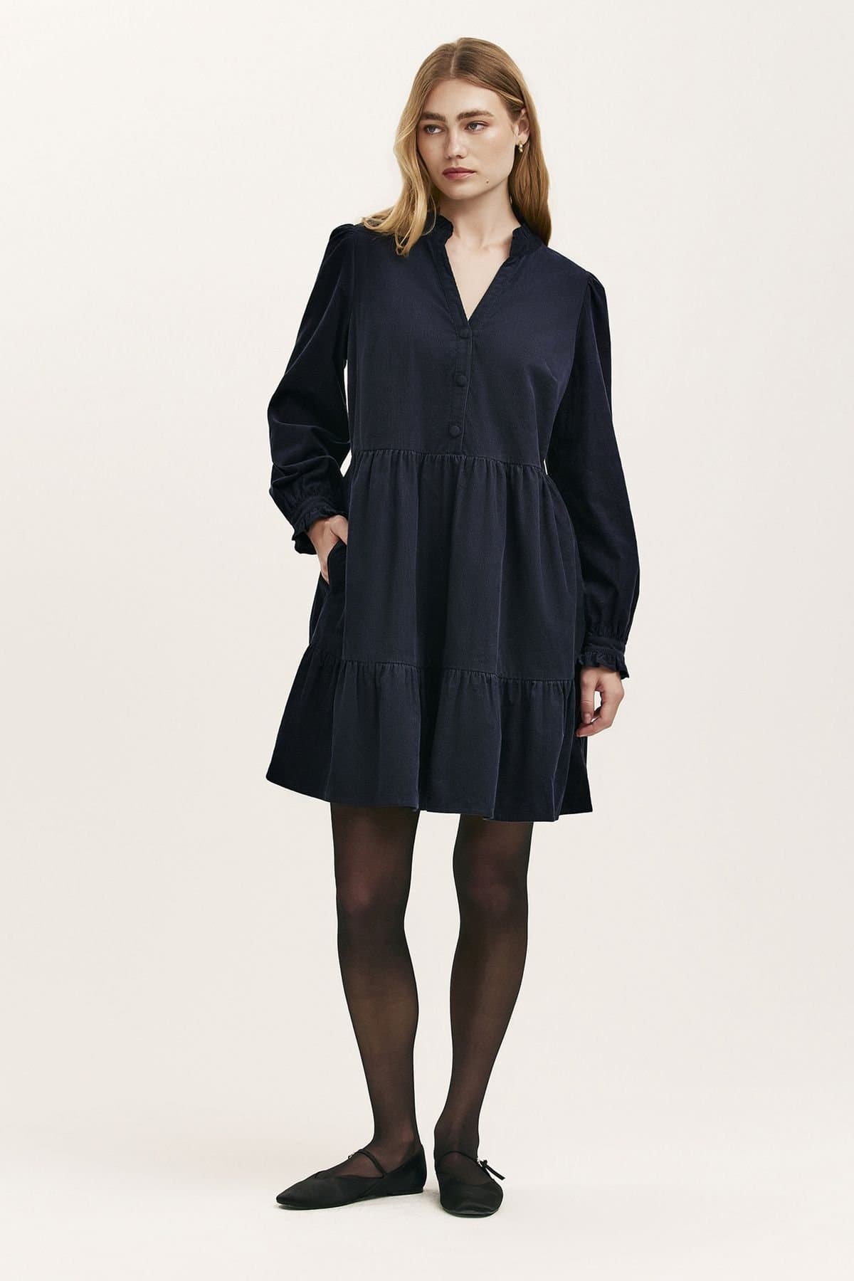 Finery London Finery London Women's Verona Corduroy Tiered Short Dress in Dark Navy