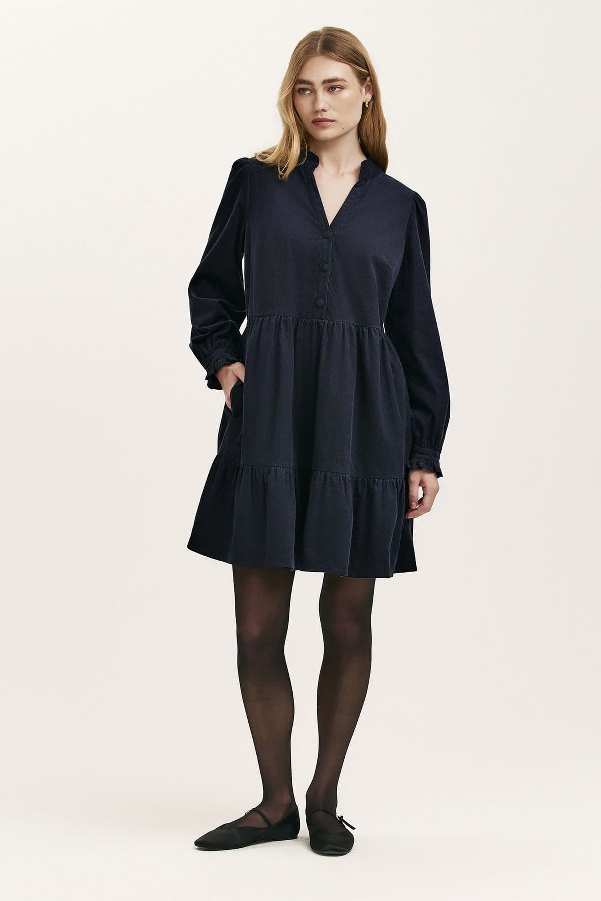 Finery London Finery London Women's Verona Corduroy Tiered Short Dress in Dark Navy - 1