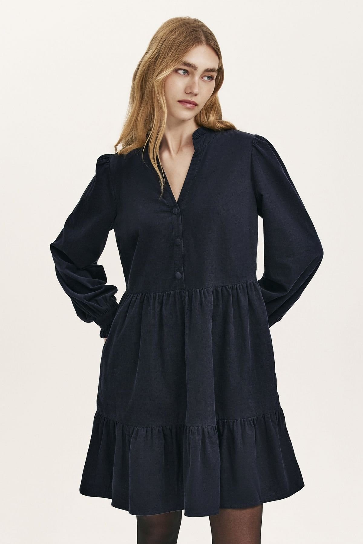 Finery London Finery London Women's Verona Corduroy Tiered Short Dress in Dark Navy - 4