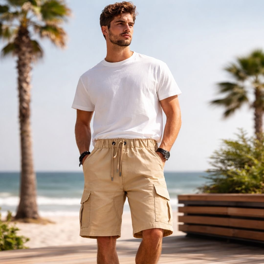 Lovii Lovii Men's Lightweight Drawstring Cargo Shorts in Beige - 2