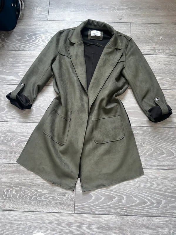 Zara Bershka khaki green suede long jacket blazer style size XS 4 6 8