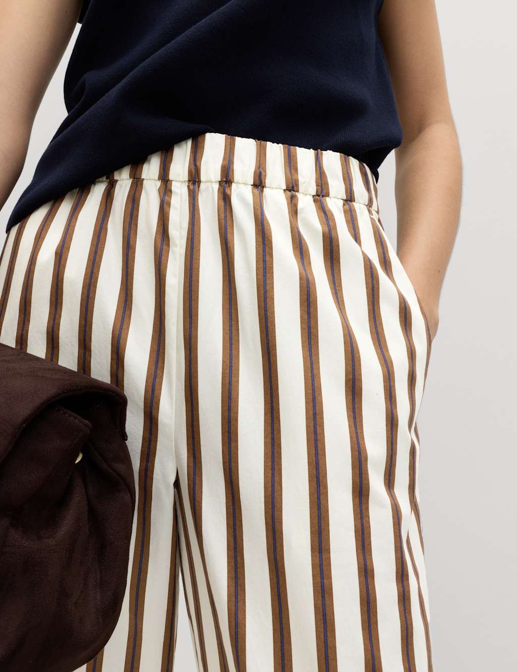 Marks & Spencer M&S Pure Cotton Poplin Pull On Straight Leg Trousers Cream Mix - 2