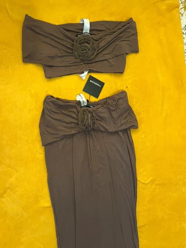 Wanderdoll Wanderdoll chocolate Bardot top and maxi skirt set with flower detail