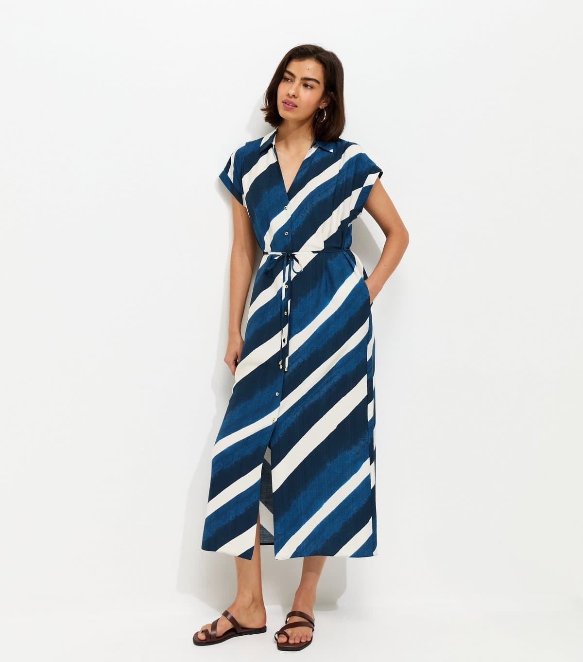 New Look Women's Blue Striped Short Sleeve Midi Shirt Dress New Look