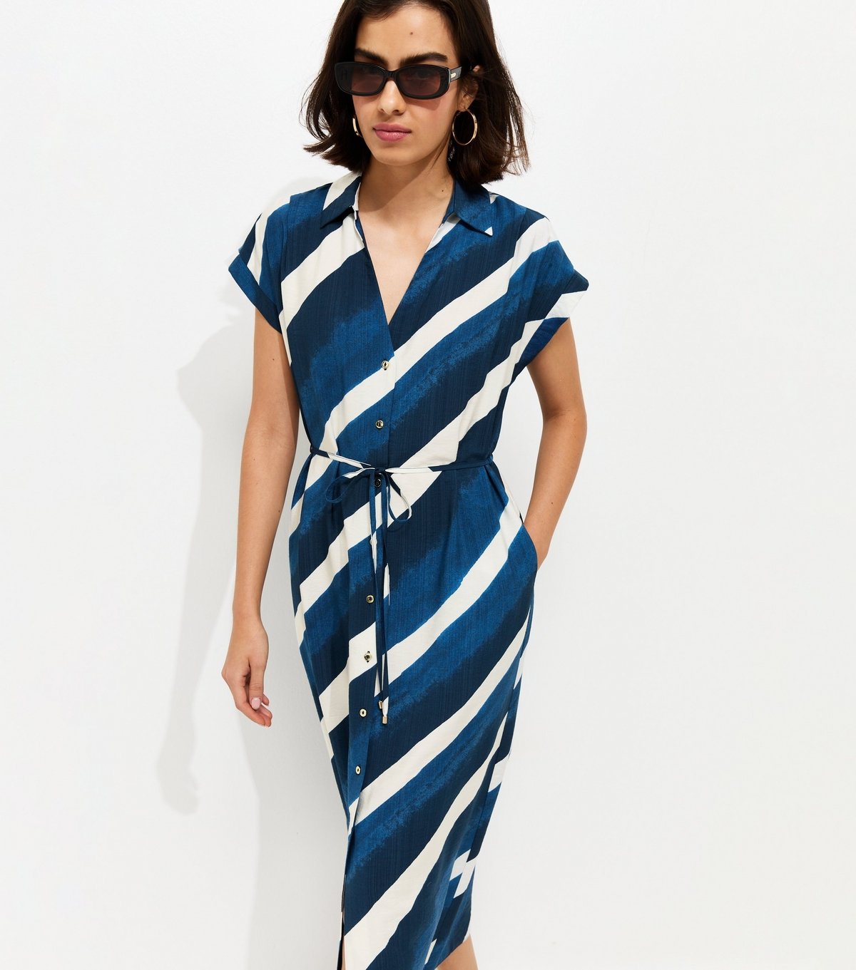 New Look Women's Blue Striped Short Sleeve Midi Shirt Dress New Look - 3