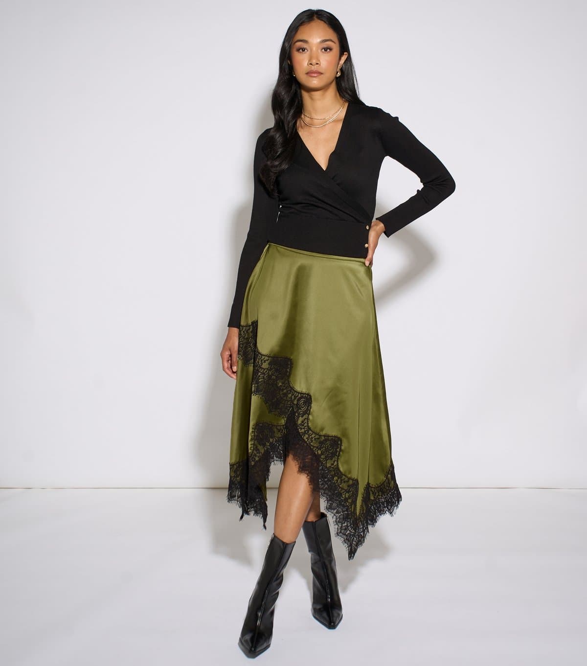Gini London Women's Dark Khaki Satin Lace Assymetric Midi Skirt Gini London New Look
