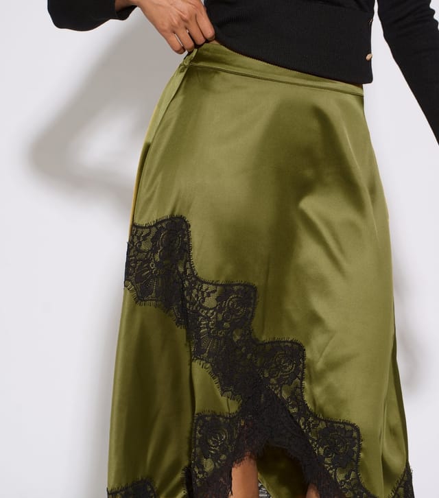 Gini London Women's Dark Khaki Satin Lace Assymetric Midi Skirt Gini London New Look - 2