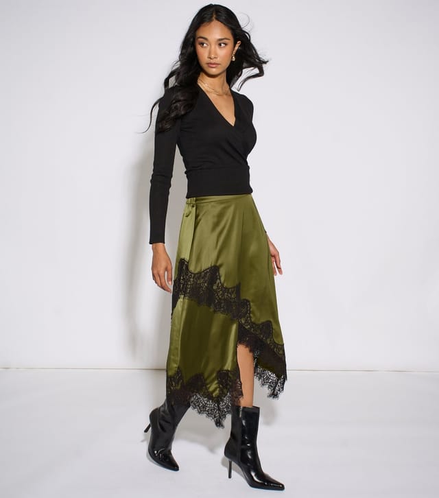 Gini London Women's Dark Khaki Satin Lace Assymetric Midi Skirt Gini London New Look - 3