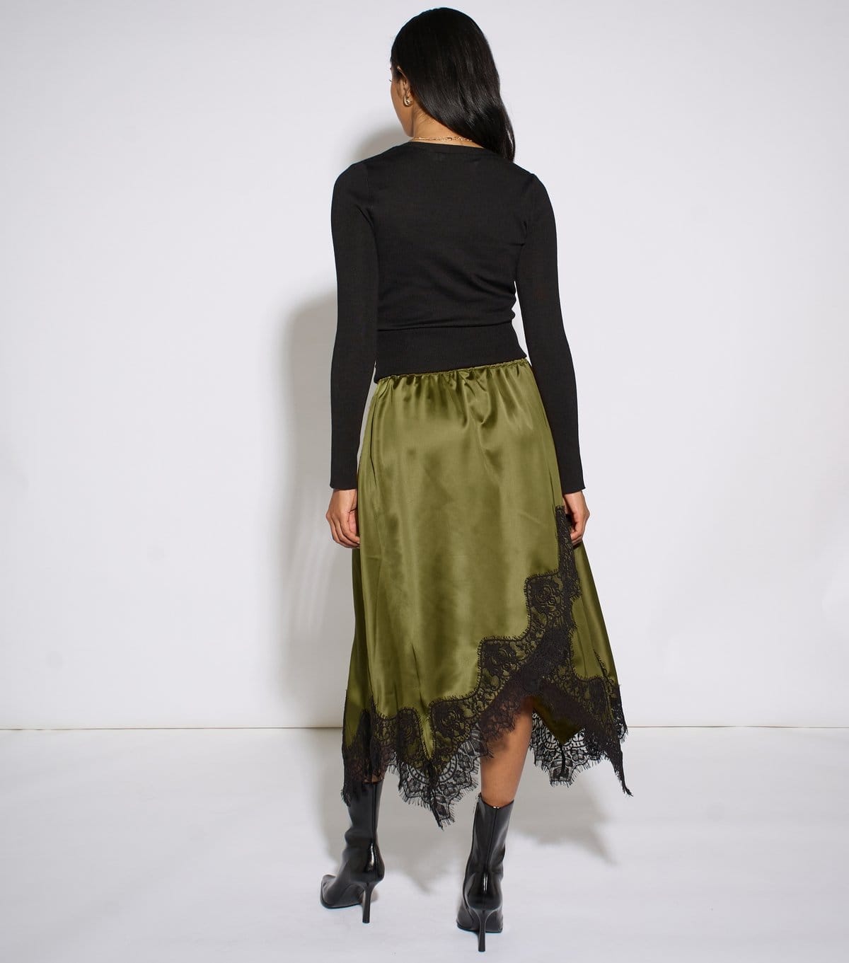 Gini London Women's Dark Khaki Satin Lace Assymetric Midi Skirt Gini London New Look - 4