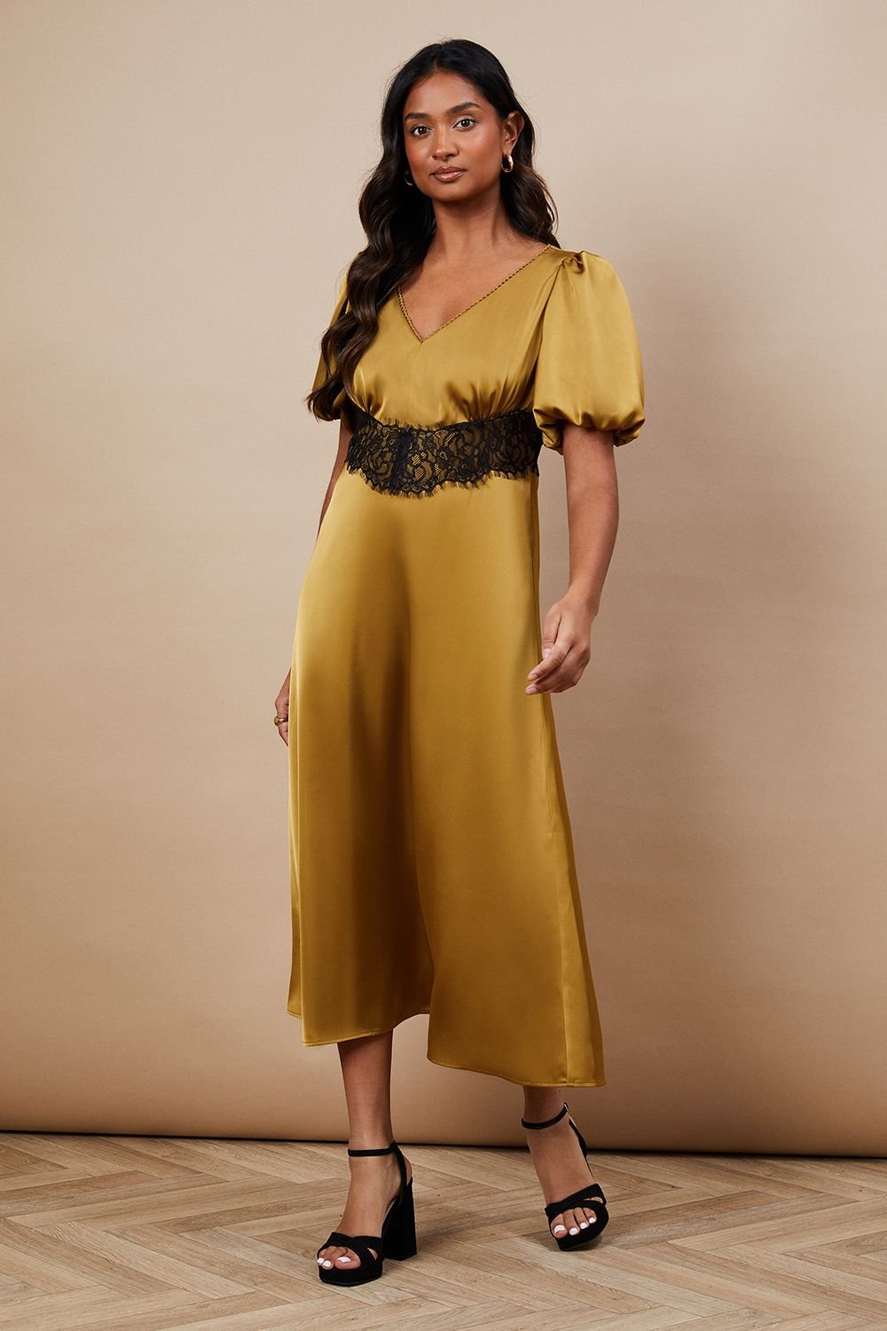 Oasis Oasis Women's Occasion Satin Lace Waist Midi Dress in Gold - 2