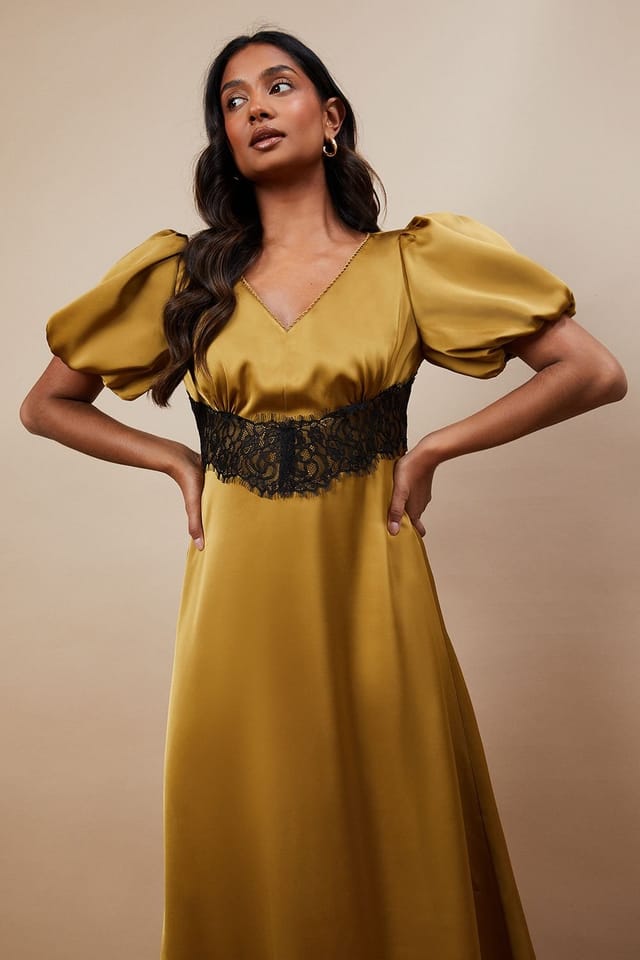 Oasis Oasis Women's Occasion Satin Lace Waist Midi Dress in Gold - 2
