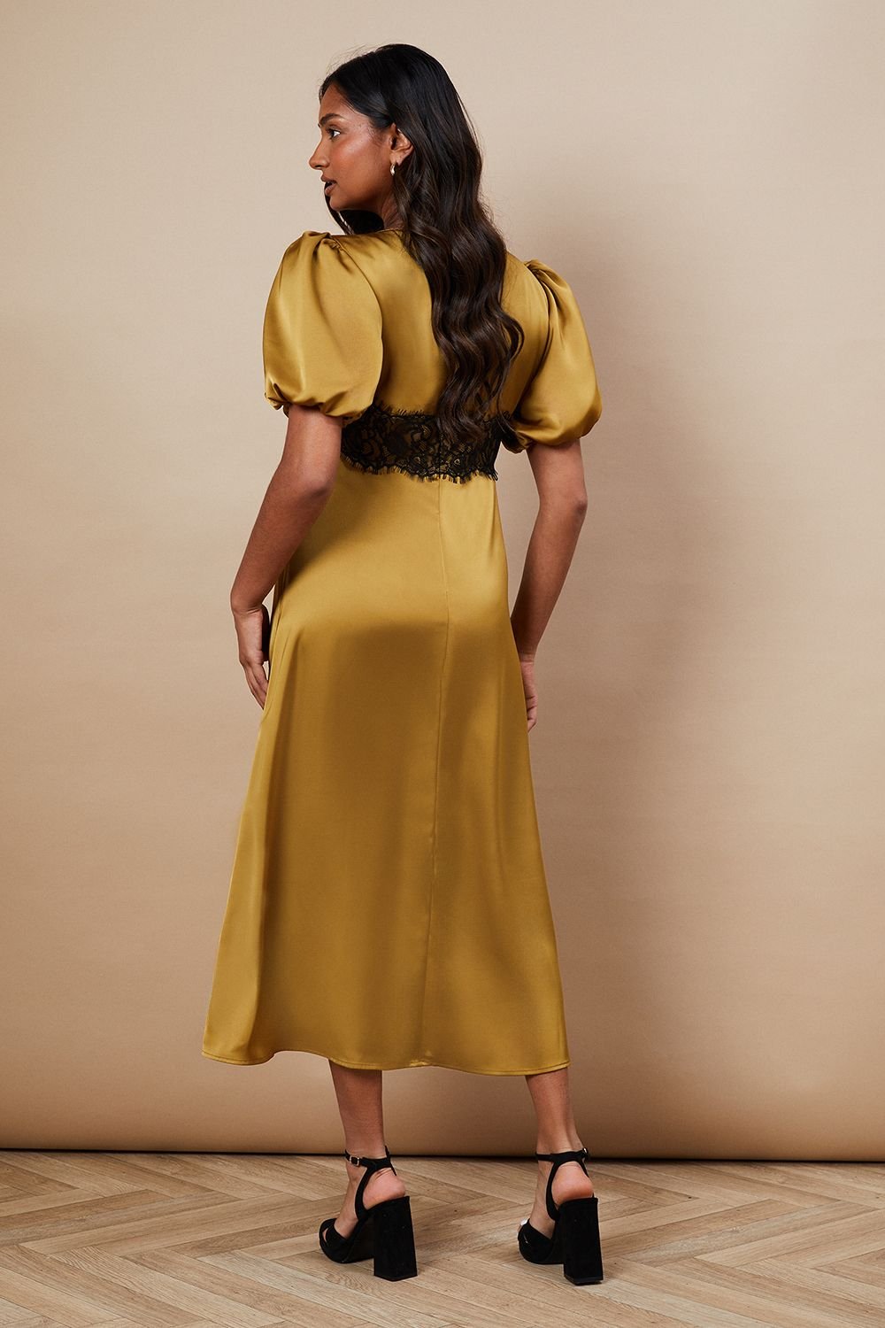 Oasis Oasis Women's Occasion Satin Lace Waist Midi Dress in Gold - 3