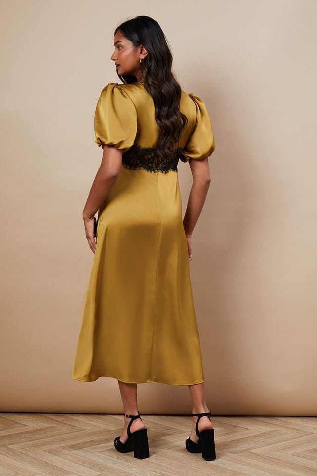 Oasis Oasis Women's Occasion Satin Lace Waist Midi Dress in Gold - 3