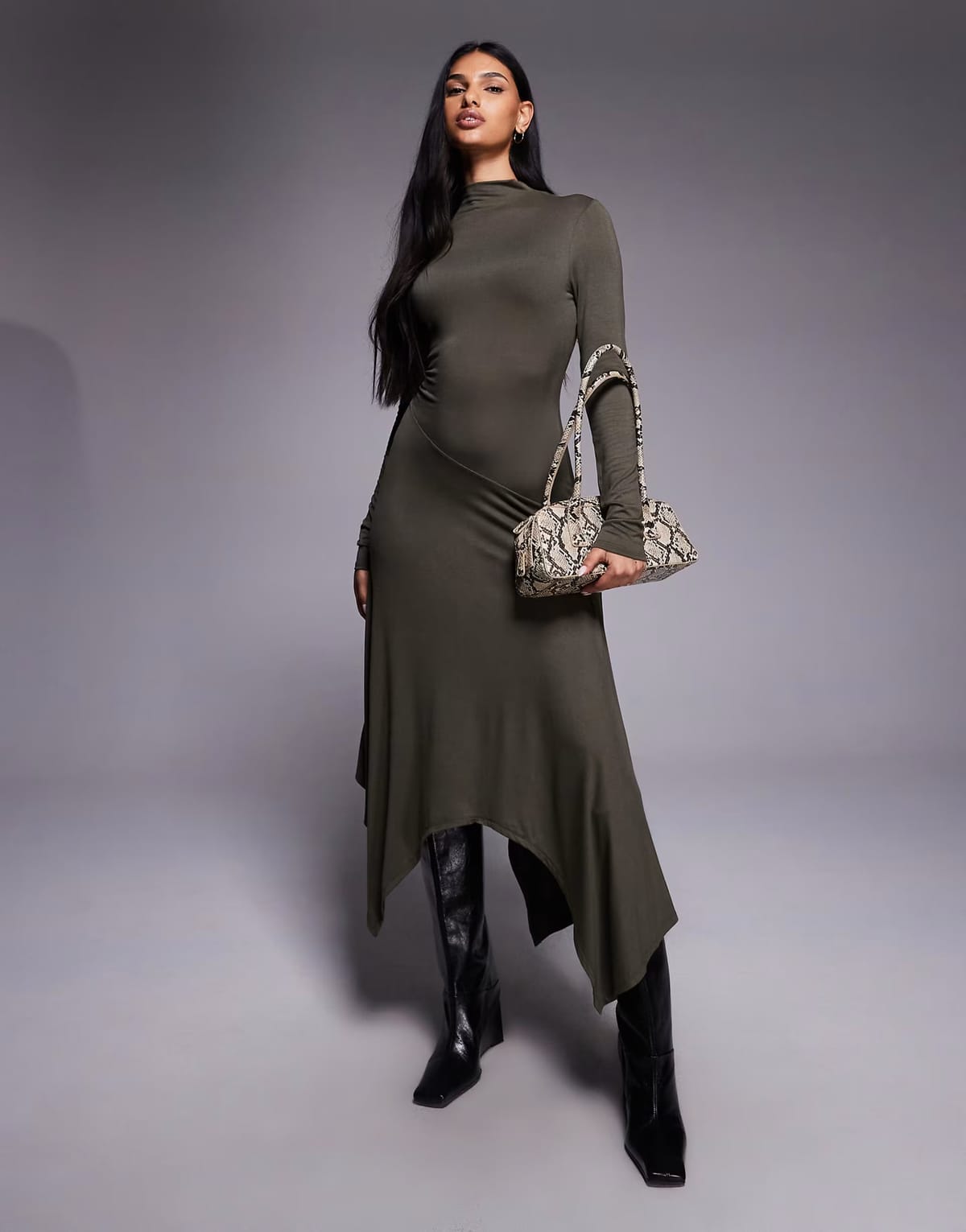 ASOS ASOS DESIGN funnel neck hanky hem midi dress in khaki - 1