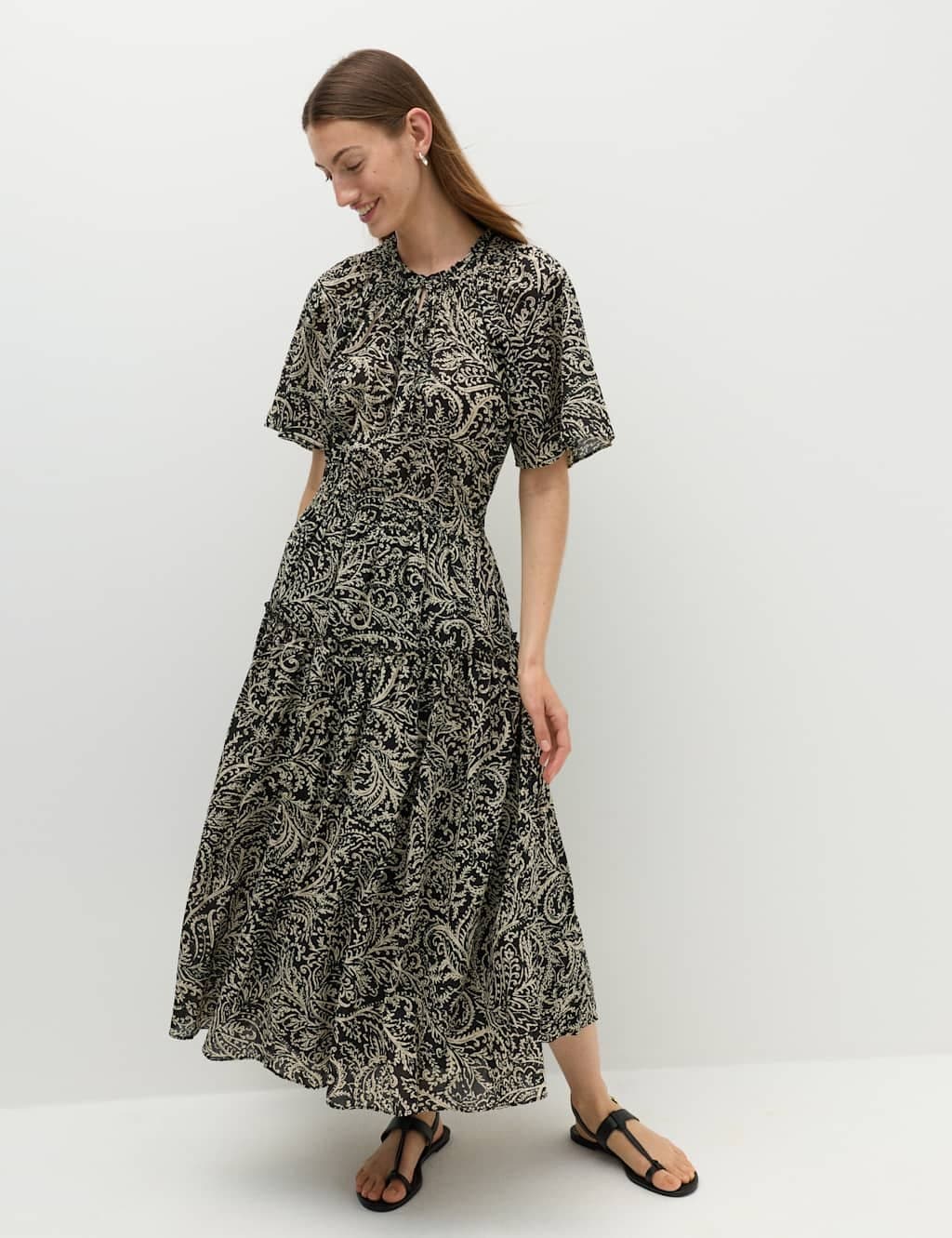 Marks & Spencer M&S Pure Cotton Printed Midi Waisted Dress Black Mix