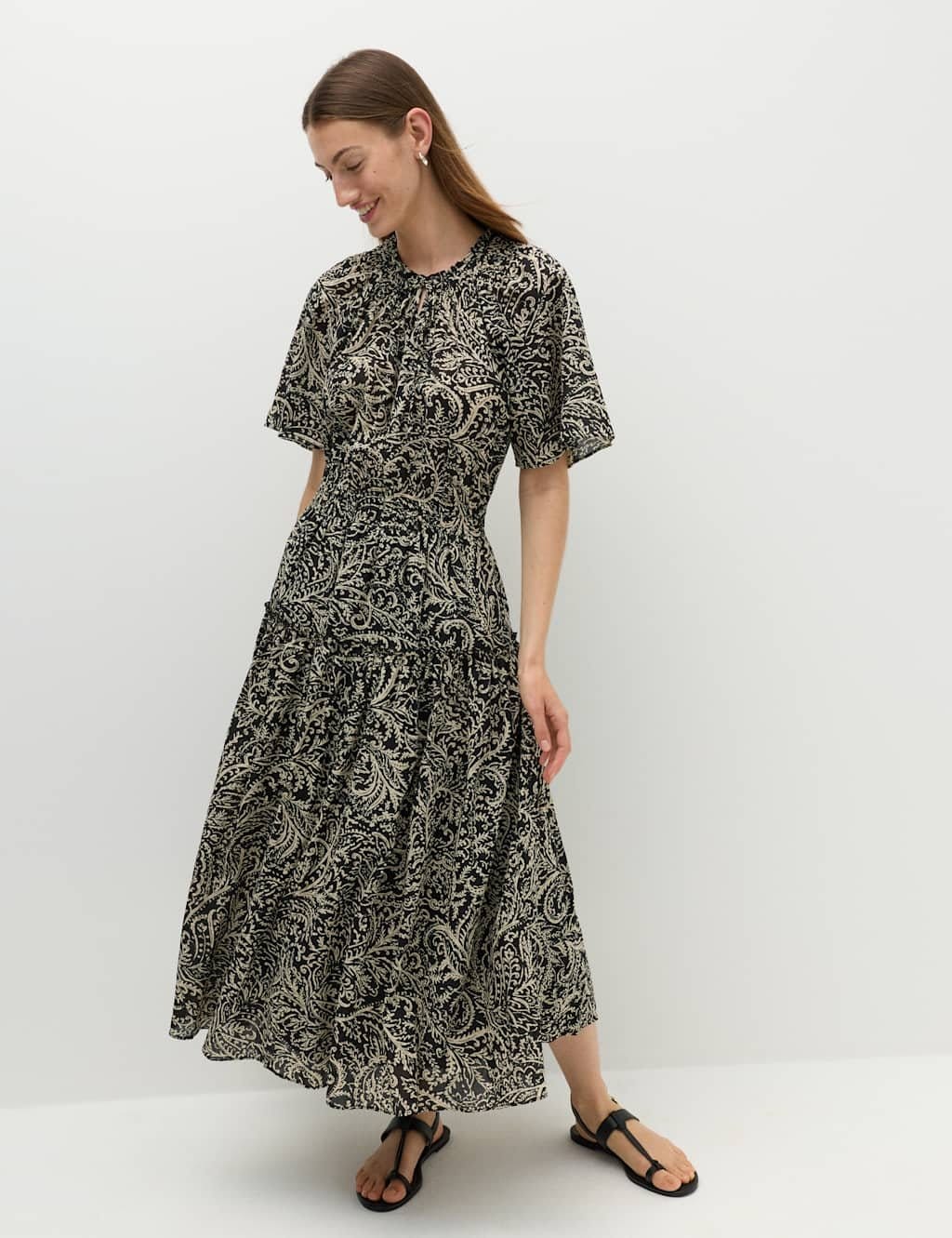 Marks & Spencer M&S Pure Cotton Printed Midi Waisted Dress Black Mix - 1