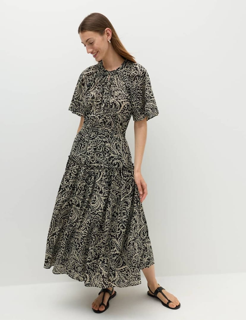 Marks & Spencer M&S Pure Cotton Printed Midi Waisted Dress Black Mix - 1