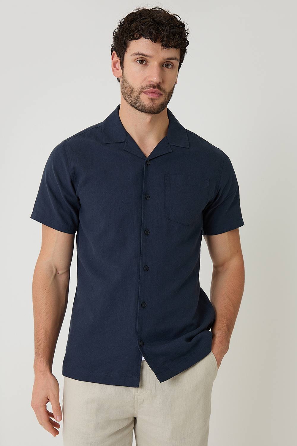 Threadbare Threadbare Men's Linen Cotton Blend Short Sleeve Shirt in Navy - 2