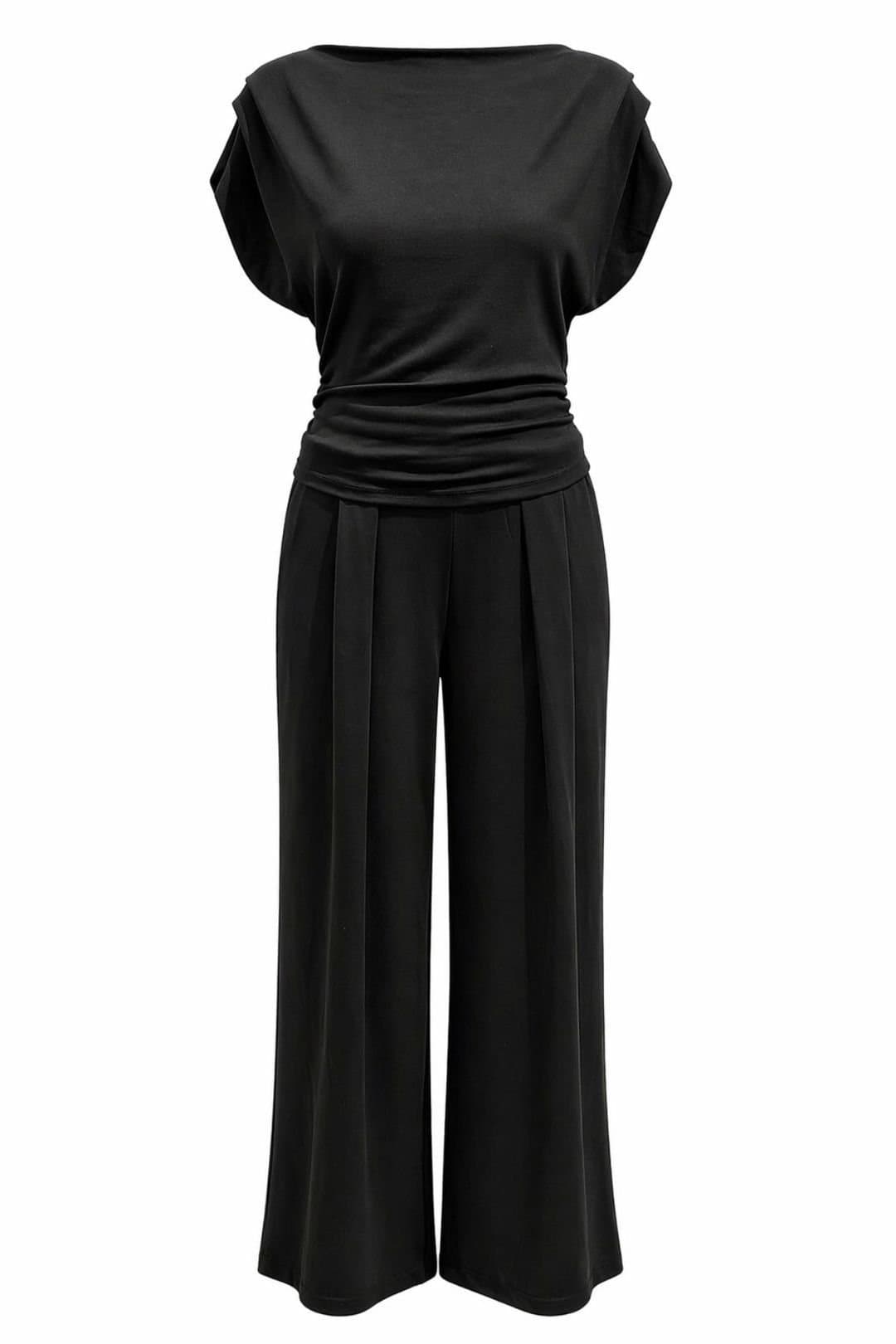 MixRay MixRay Women's High Waist Wide Leg Knit Co-Ord Set with Boat Neck in Black