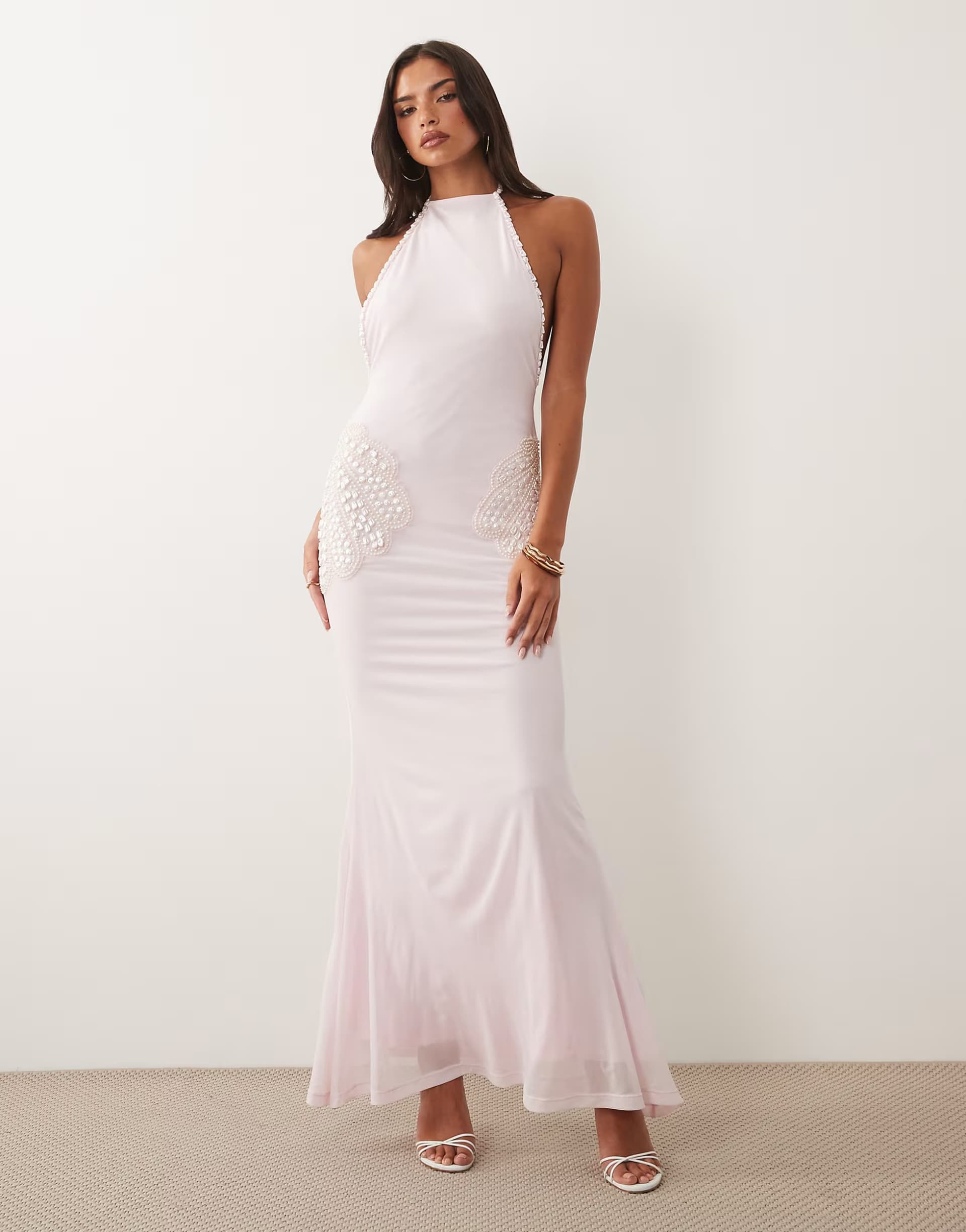 ASOS ASOS DESIGN pearl embellished mesh maxi dress with encrusted shells in pink