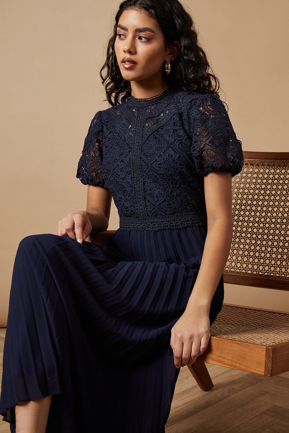 Oasis Navy Lace Puff Sleeve Midi Dress for Petite Women