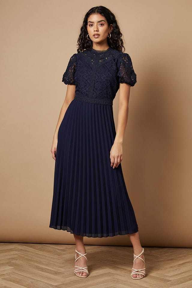 Oasis Oasis Women's Petite Lace Puff Sleeve Pleated Midi Dress in Navy - 2