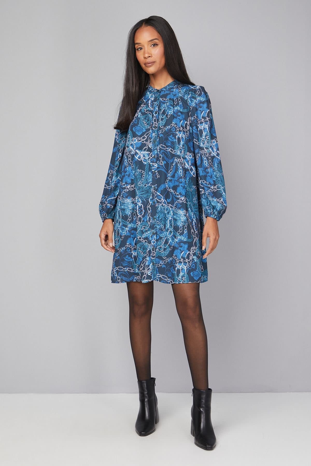 Wallis Wallis Women's Petite Abstract Button Through Swing Dress in Black