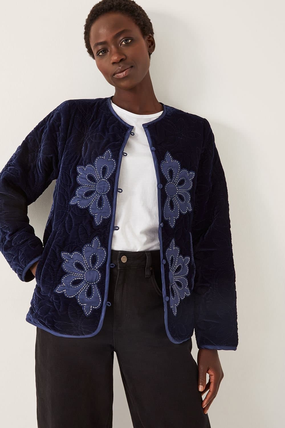 Monsoon Monsoon Blue Embroidered Velvet Quilted Jacket