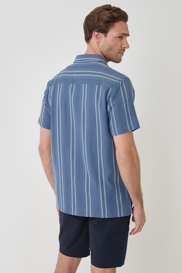 Threadbare Threadbare Men's Stripe Knitted Cotton Blend Short Sleeve Shirt in Blue - 2