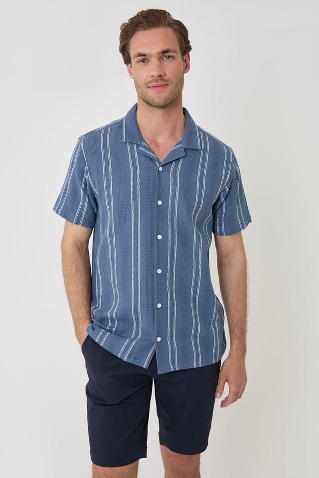 Threadbare Threadbare Men's Stripe Knitted Cotton Blend Short Sleeve Shirt in Blue - 3