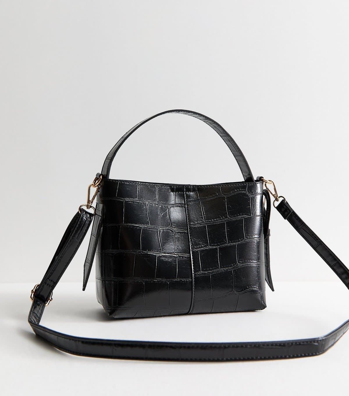 New Look Black Faux Leather Crocodile Embossed Buckle Detail Shoulder Bag New Look