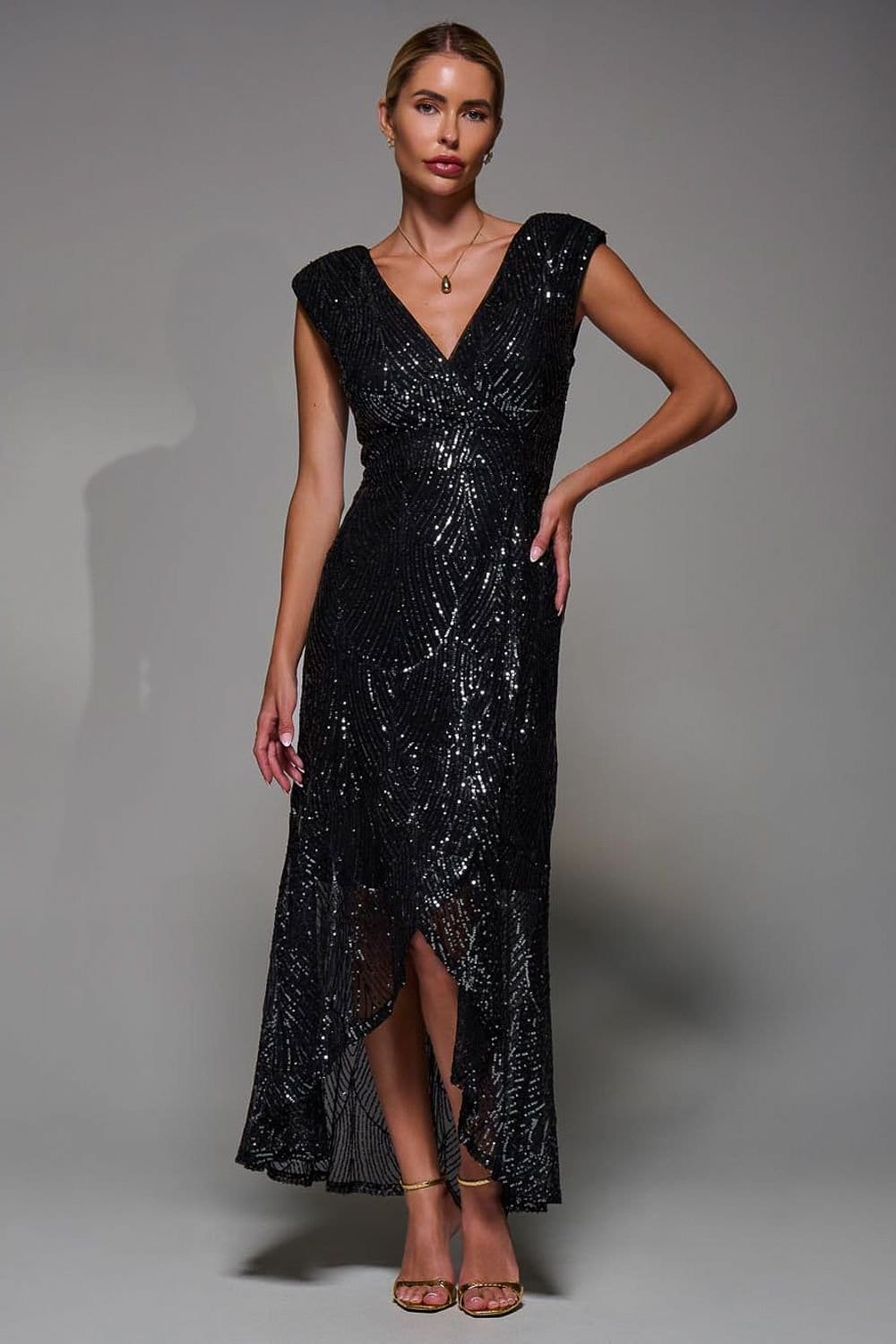 Jolie Moi Jolie Moi Women's Sequin Asymmetric Ruffle Hem Maxi Dress in Metallics - 4