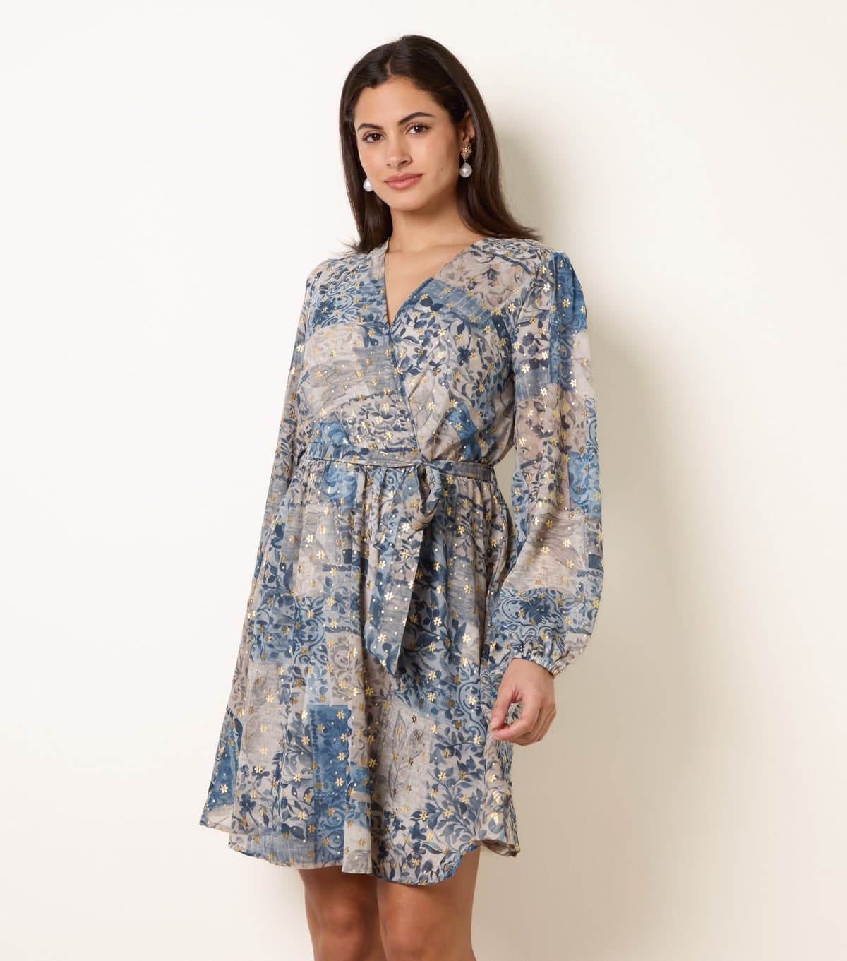 Blue Vanilla Women's Blue Floral Foil Patchwork Print Mini Dress Blue Vanilla New Look