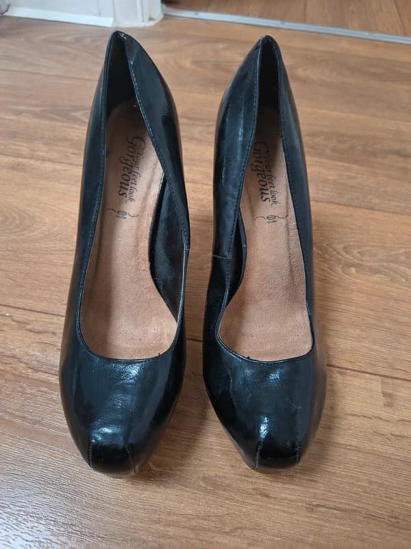 New Look Black patent faux leather killer heels.