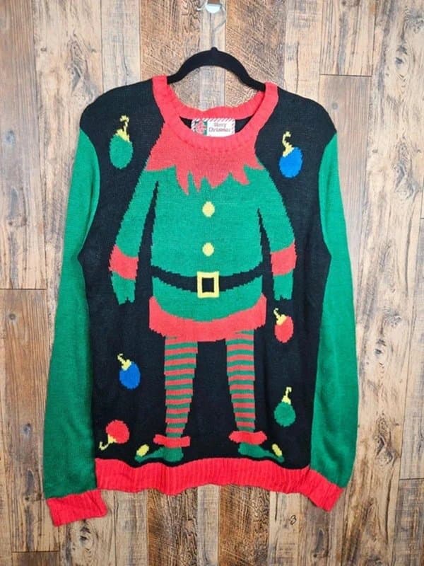 Merry Christmas Elf Christmas Jumper – Novelty – Black/Green/Red – M
