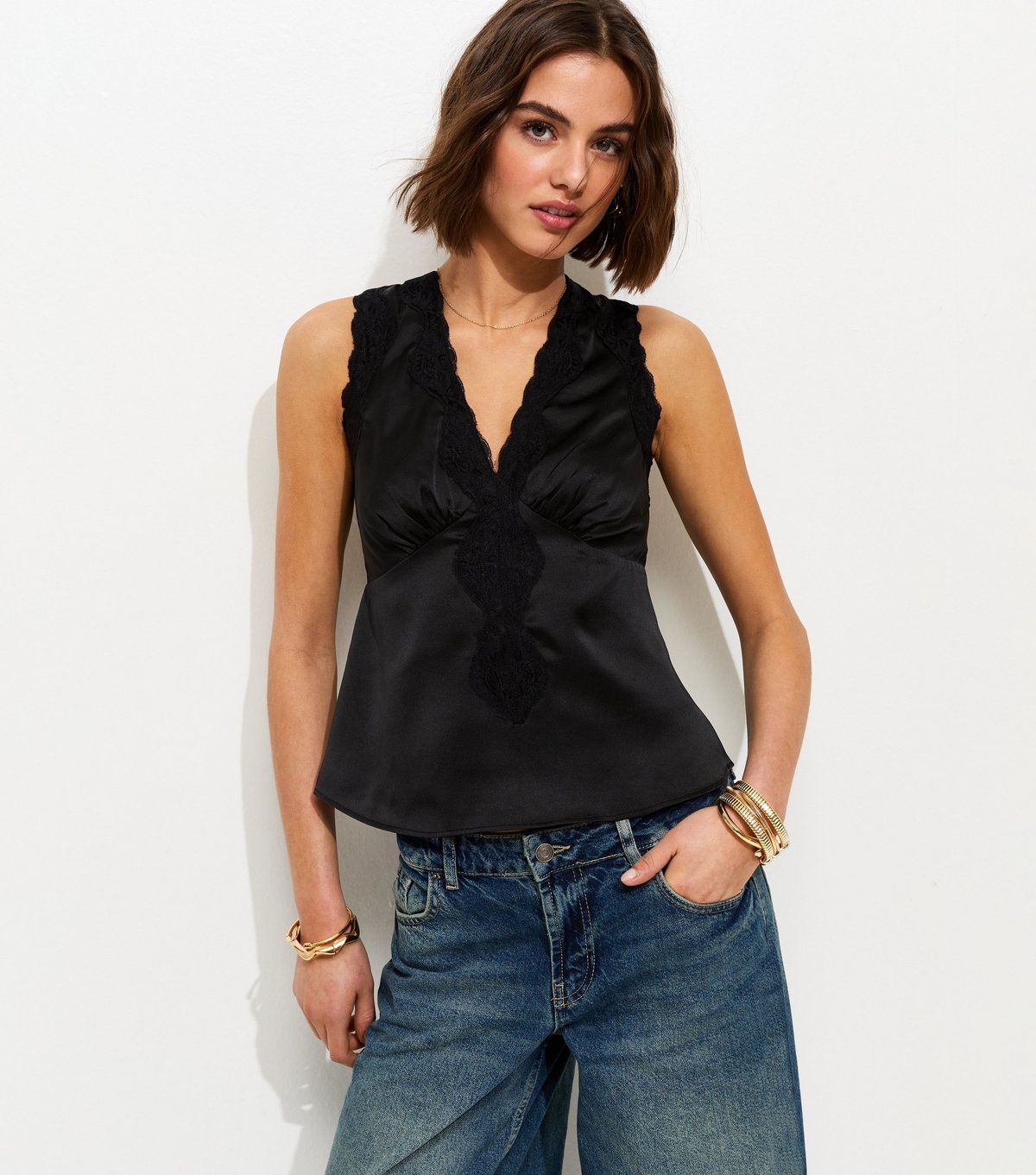 New Look Women's Black Satin Lace Trim Sleeveless Top New Look - 1