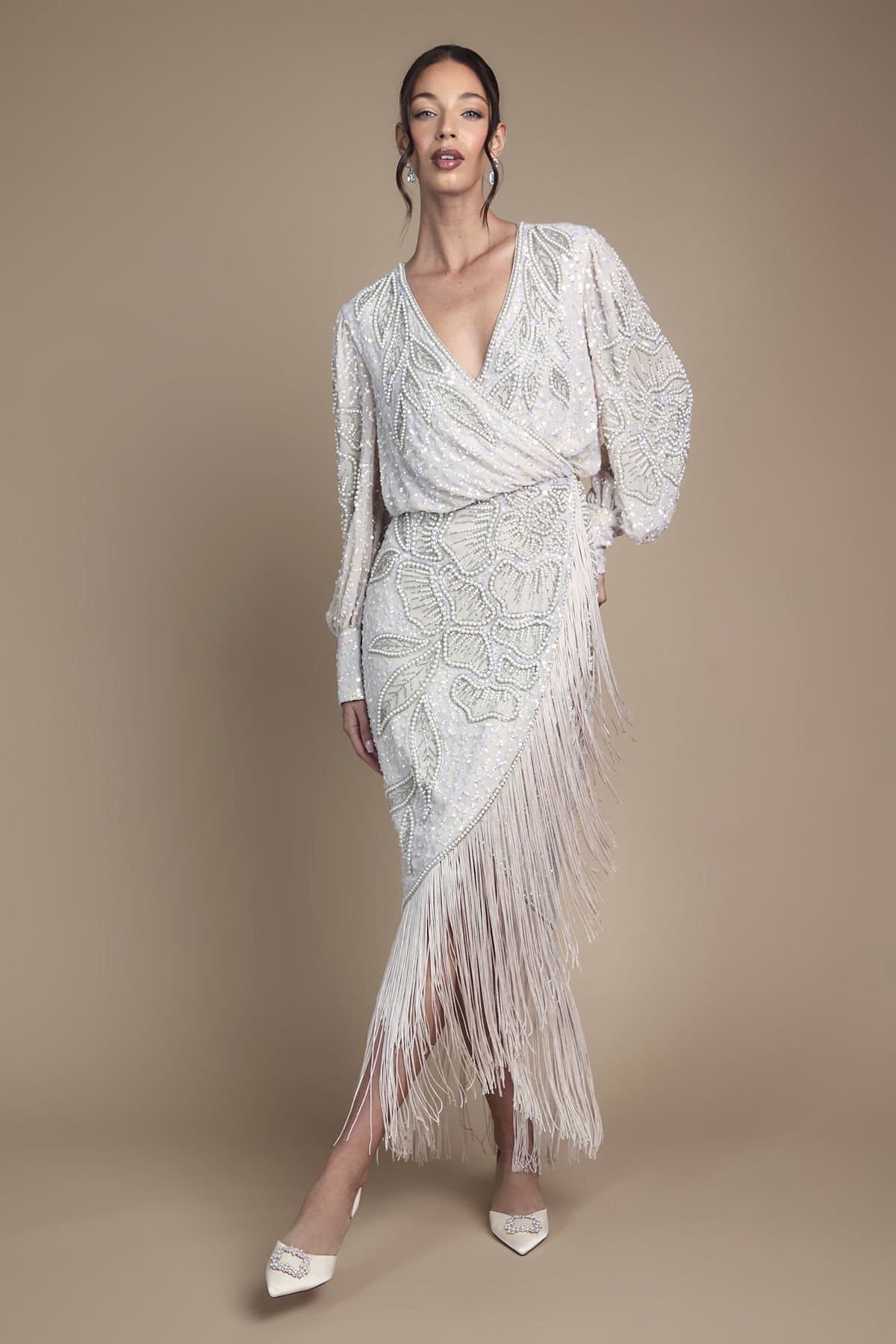 Coast Coast Women's Embellished Tassel Detail Wrap Midi Wedding Dress in Champagne