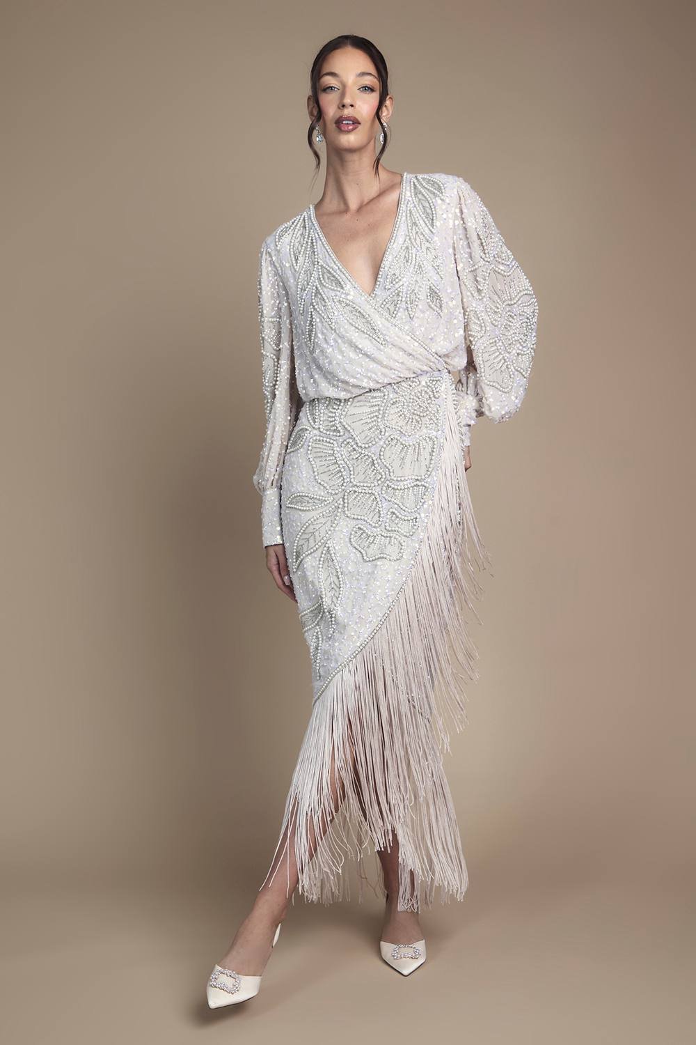 Coast Coast Women's Embellished Tassel Detail Wrap Midi Wedding Dress in Champagne - 2