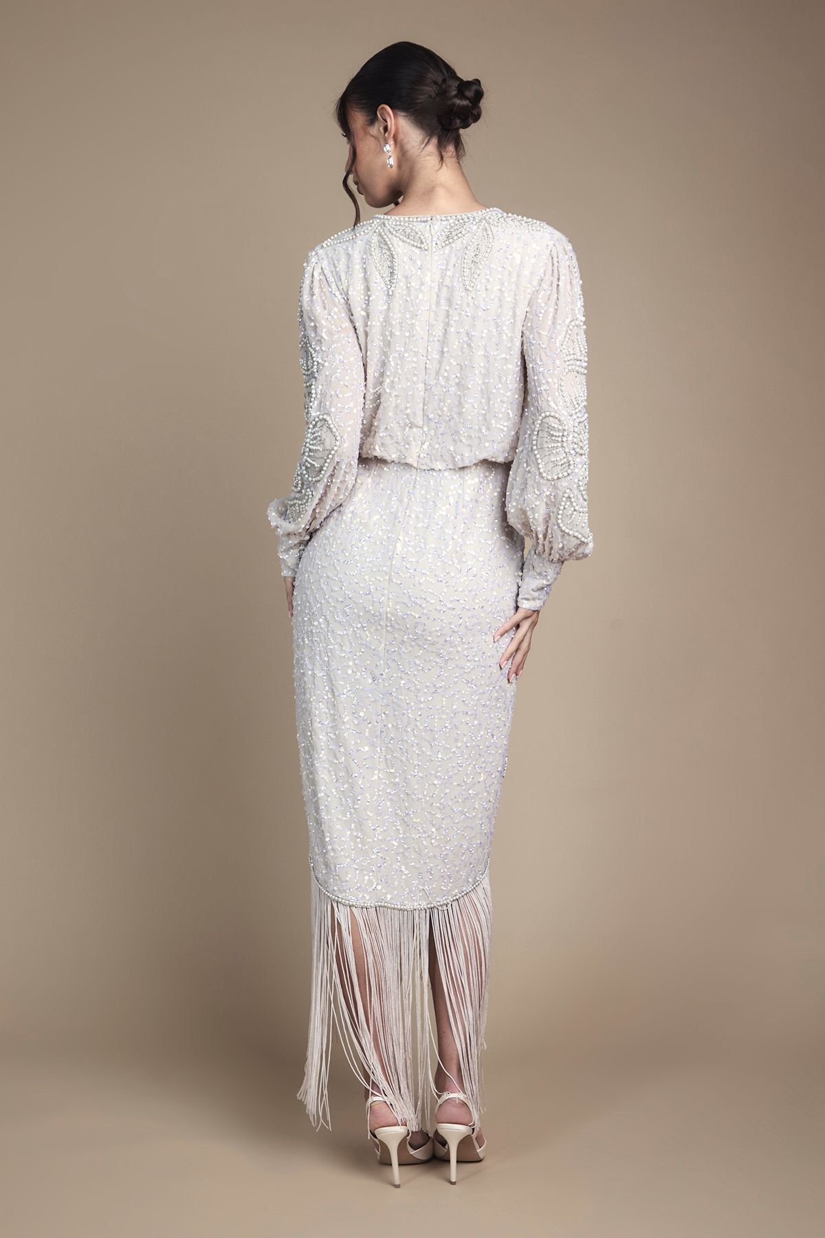 Coast Coast Women's Embellished Tassel Detail Wrap Midi Wedding Dress in Champagne - 3