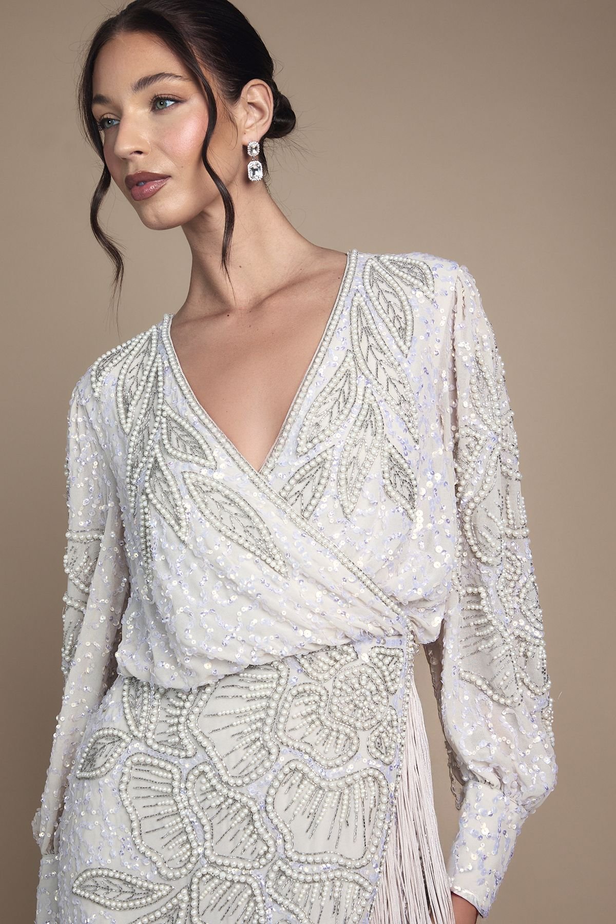 Coast Coast Women's Embellished Tassel Detail Wrap Midi Wedding Dress in Champagne - 4