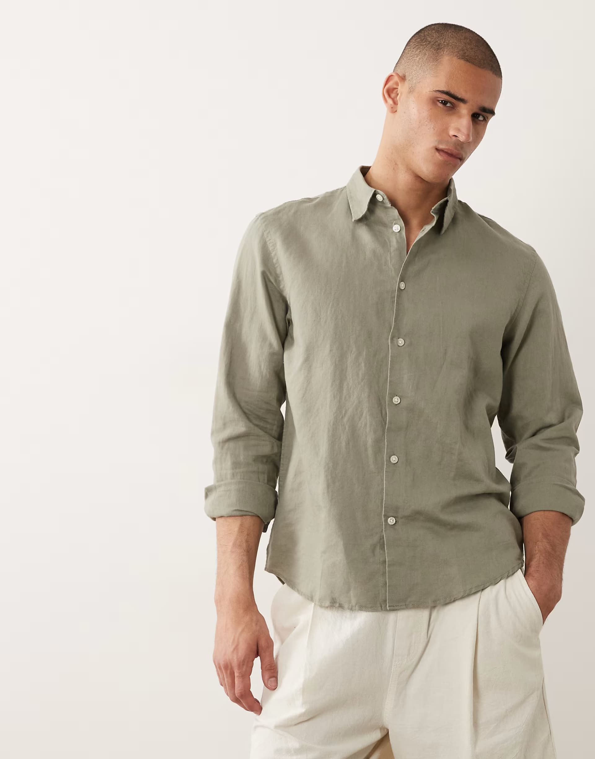 ASOS Selected linen blend long sleeved shirt in green