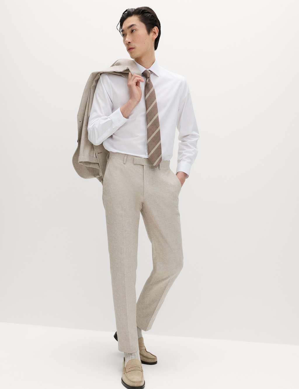 Marks & Spencer M&S Tailored Fit Cotton Linen Striped Suit Trousers Neutral - 2
