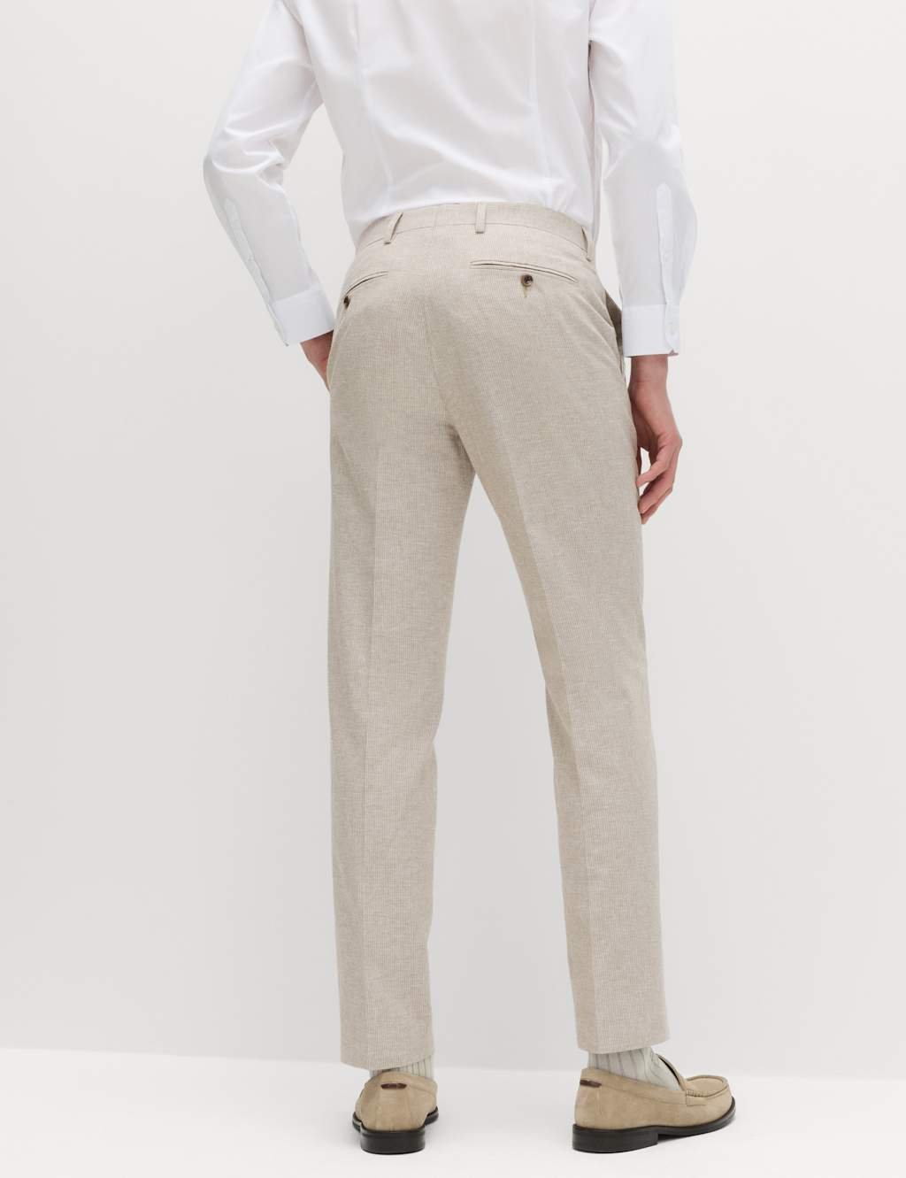 Marks & Spencer M&S Tailored Fit Cotton Linen Striped Suit Trousers Neutral - 3