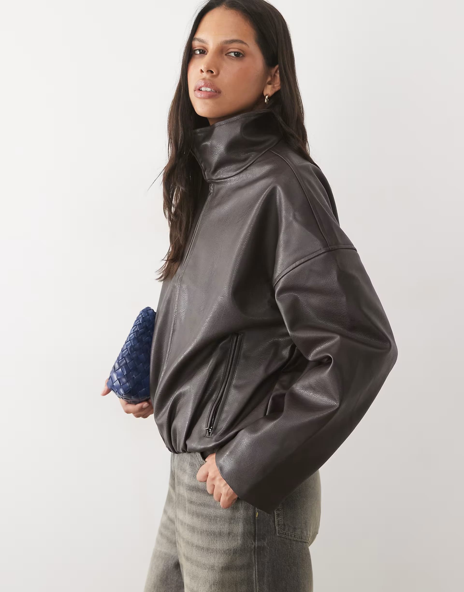 ASOS Object leather look funnel neck jacket in black