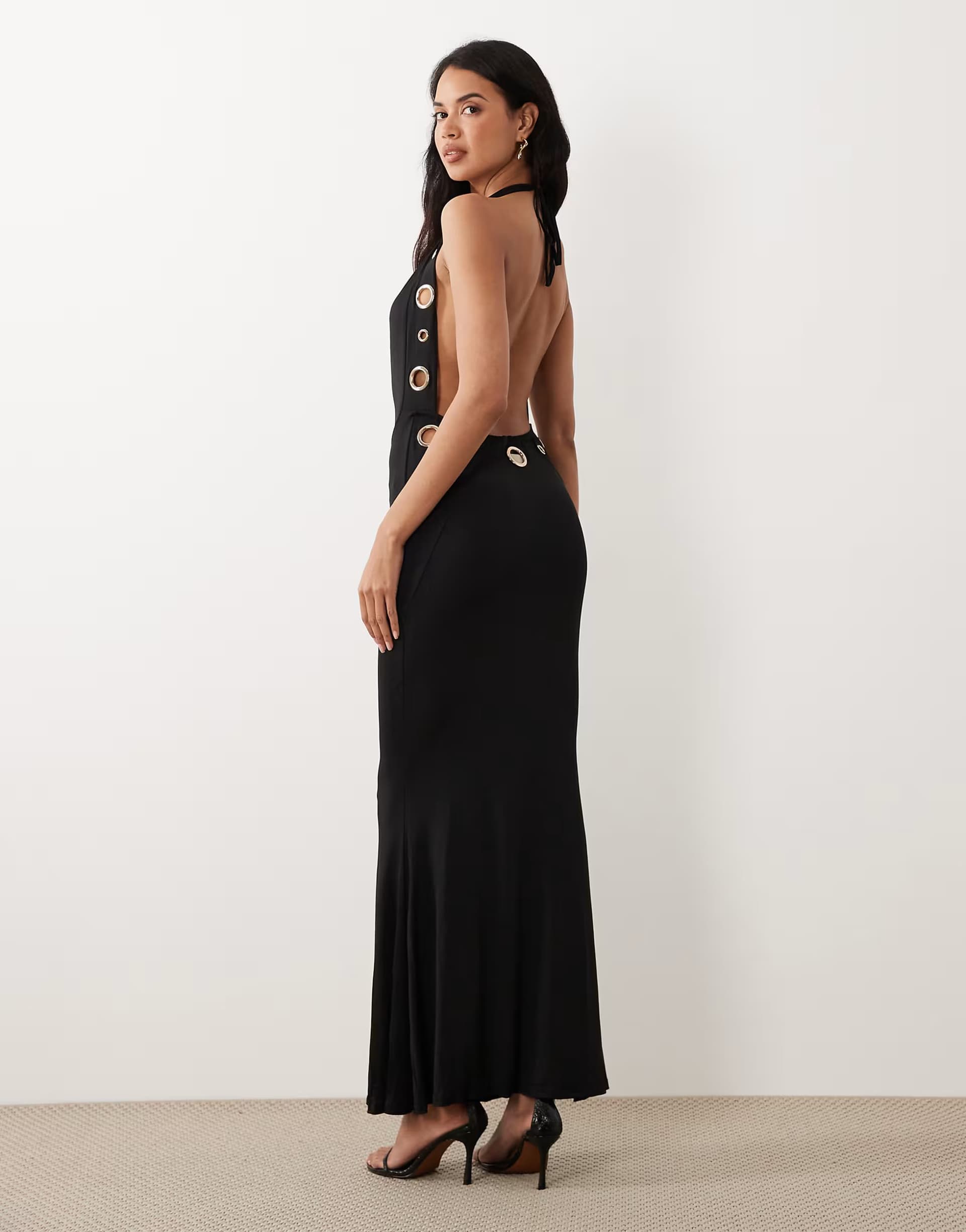 ASOS Murci slinky halterneck extreme cowl front eyelet detail low back maxi dress in black
